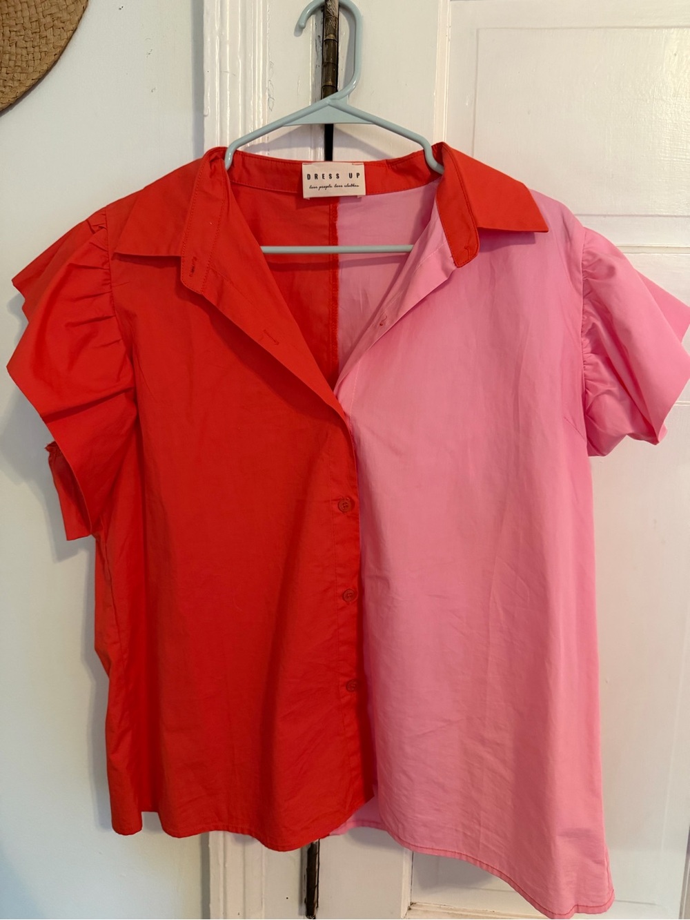 Colorblock Button-Up Shirt in Orange & Pink